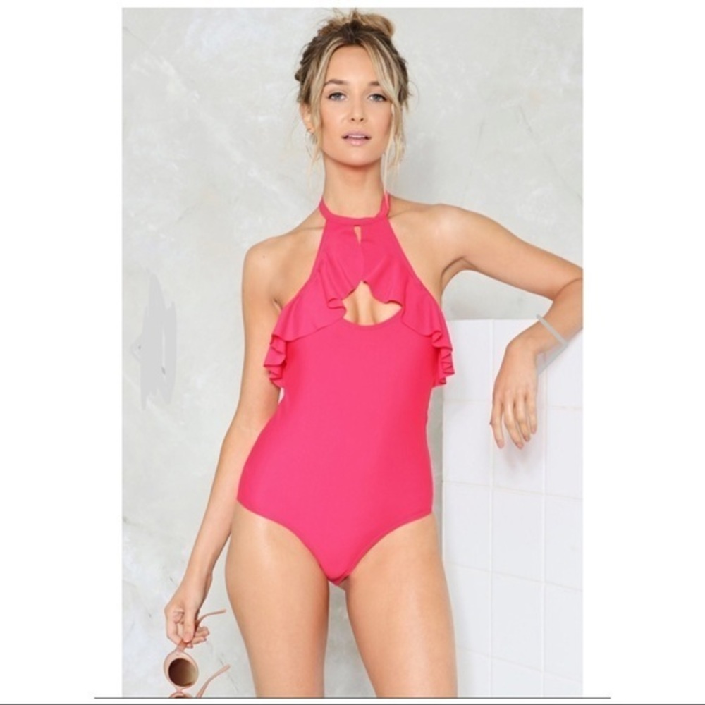 Nasty Gal Pink Pool Side Ruffle Swimsuit Sz 4 NWT